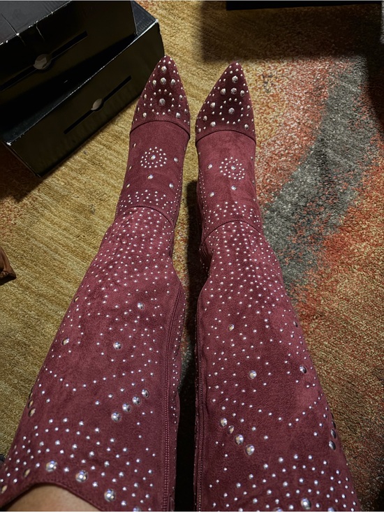 Shoes - Burgundy Suede Knee-High Boots with Crystal Studs